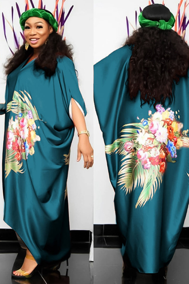 Plus Size Casual Floral Print Loose Bat Sleeve Maxi Dresses