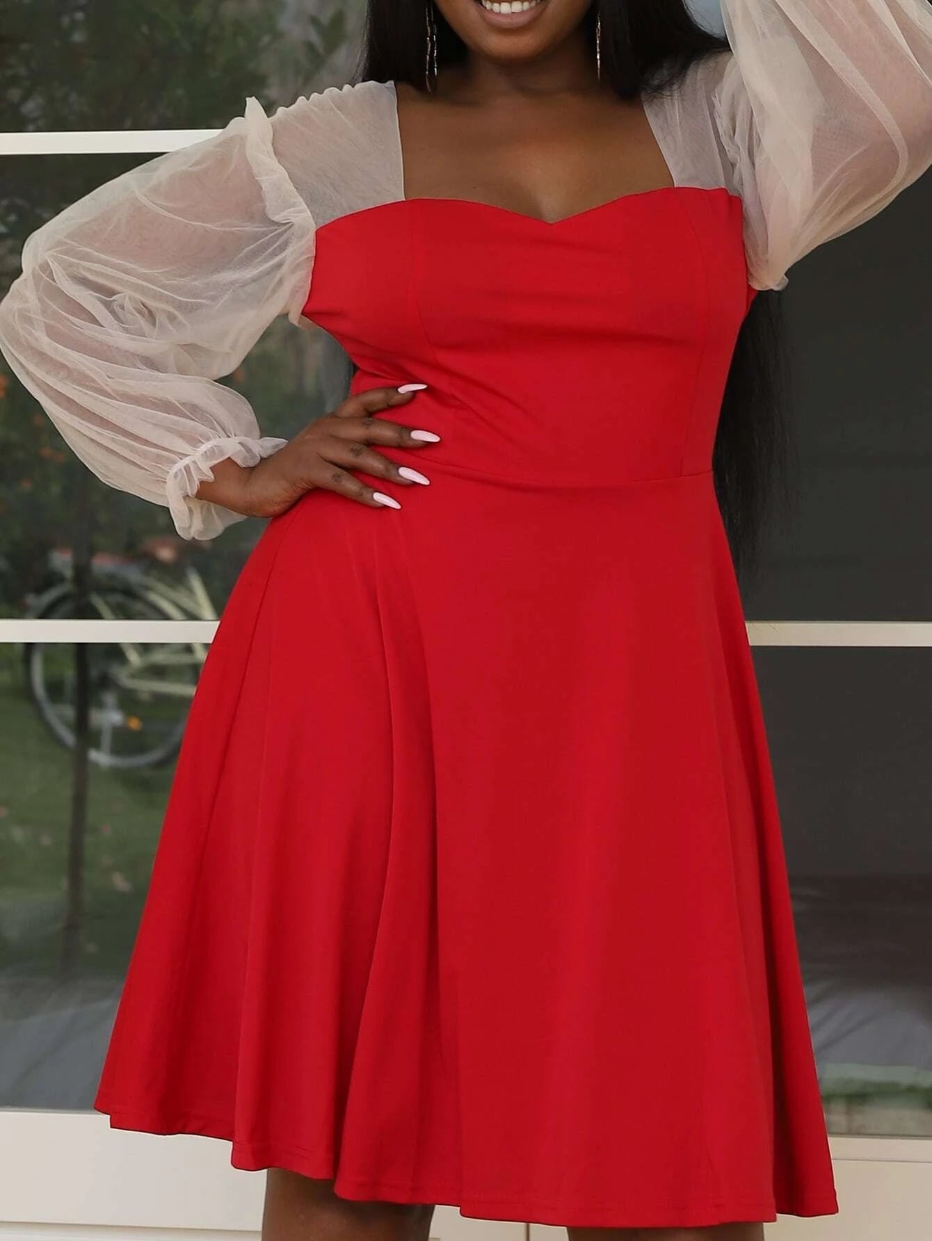 Curvy Plus Color Block Mesh Sleeve Dress P0244
