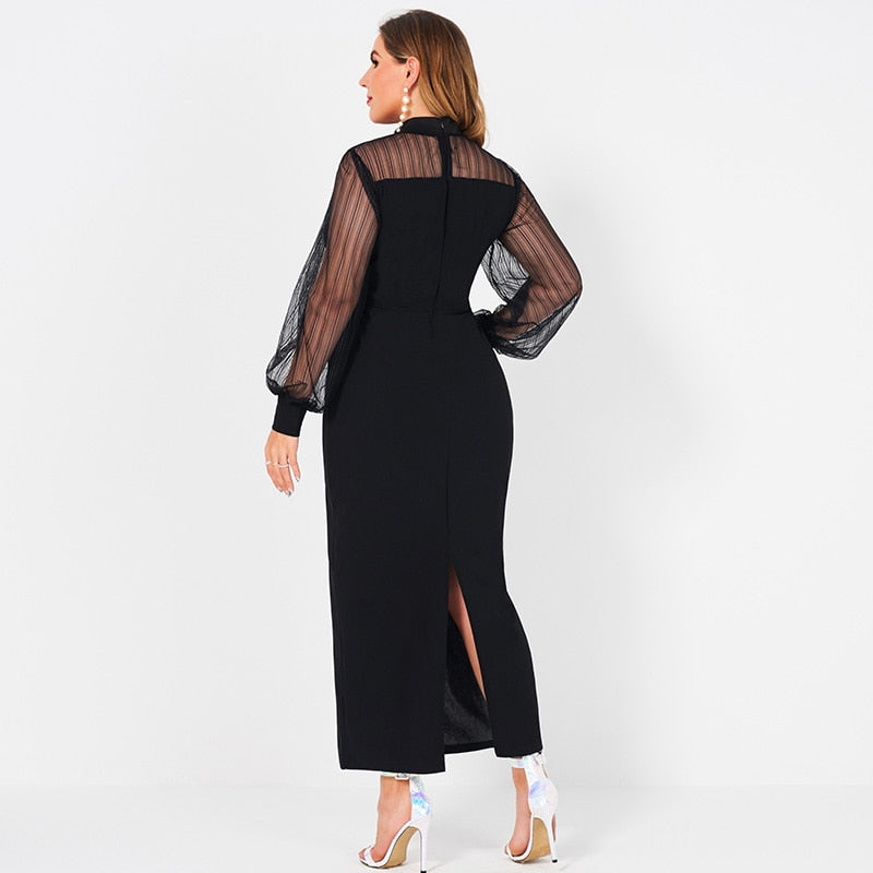 2021 New Summer Maxi Dress Women Plus Size Black Sexy Gauze Patchwork Long Sleeve Slim Center Slit Hem On The Back Party Robes