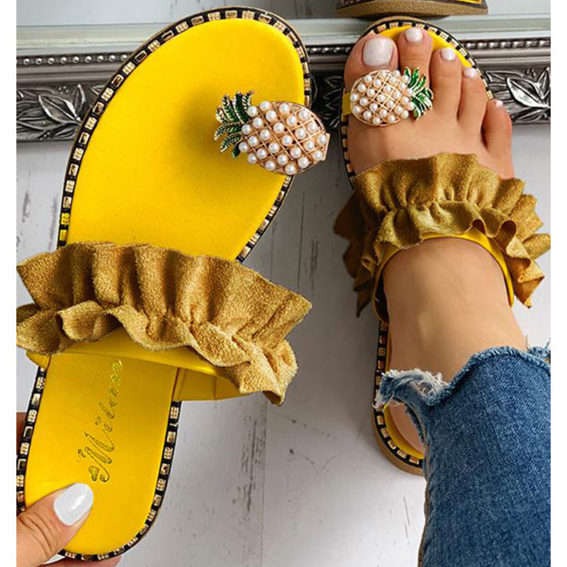 Casual Fruit Pineapple Ruffle Slippers Shoes - Fashionaviv