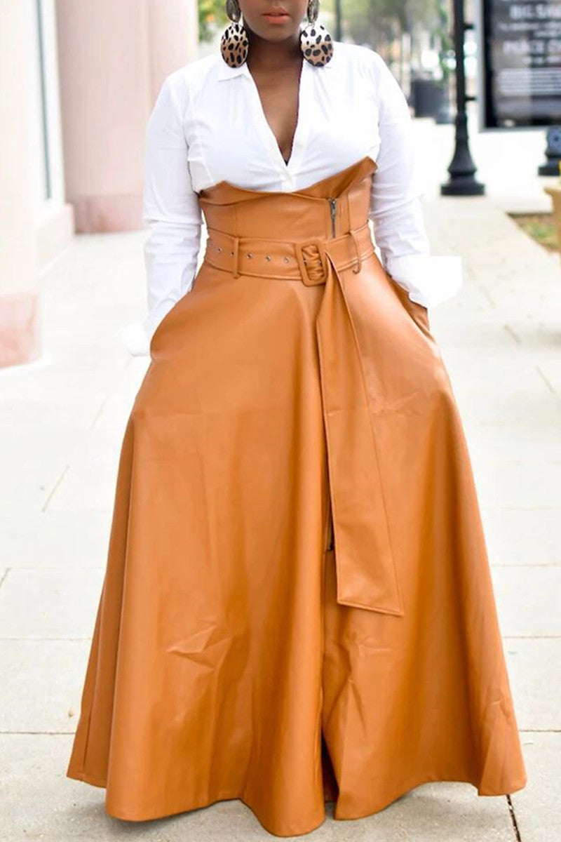 Plus Size Casual Solid PU Leather Solid Color Maxi Skirt(With Belt)