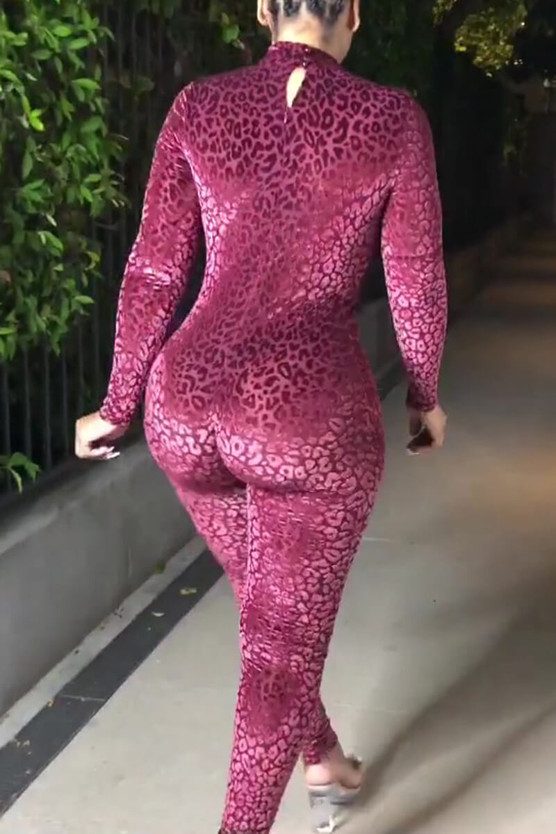 Plus Size Sexy See-through Leopard Long Sleeves High Collar Bodycon Jumpsuit