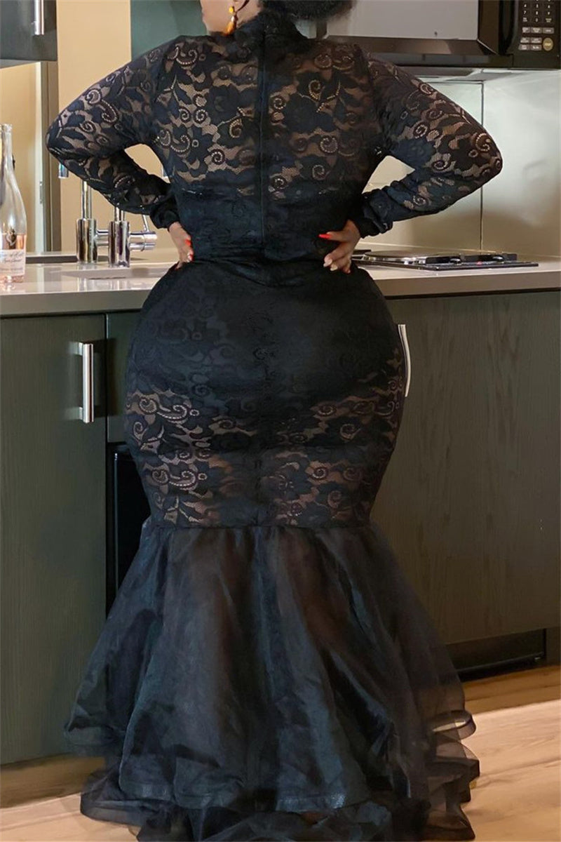 Plus Size Little Black Long Sleeve See-through Hollow out Dress