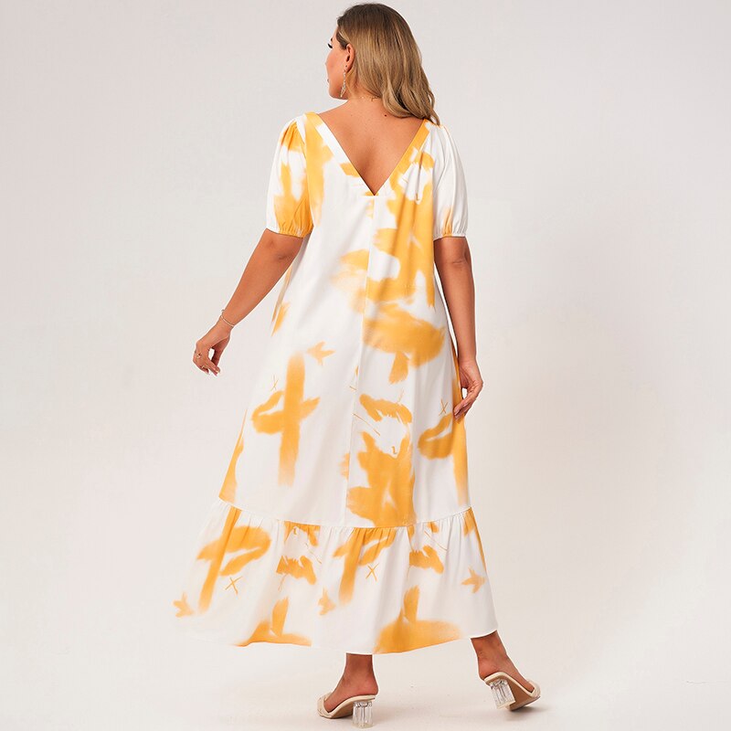 New Summer Maxi Dress Women Plus Size 2021 White Yellow Tie Dye Ruffle Hem Patchwork Lantern Short Sleeve Art Loose Casual Robes