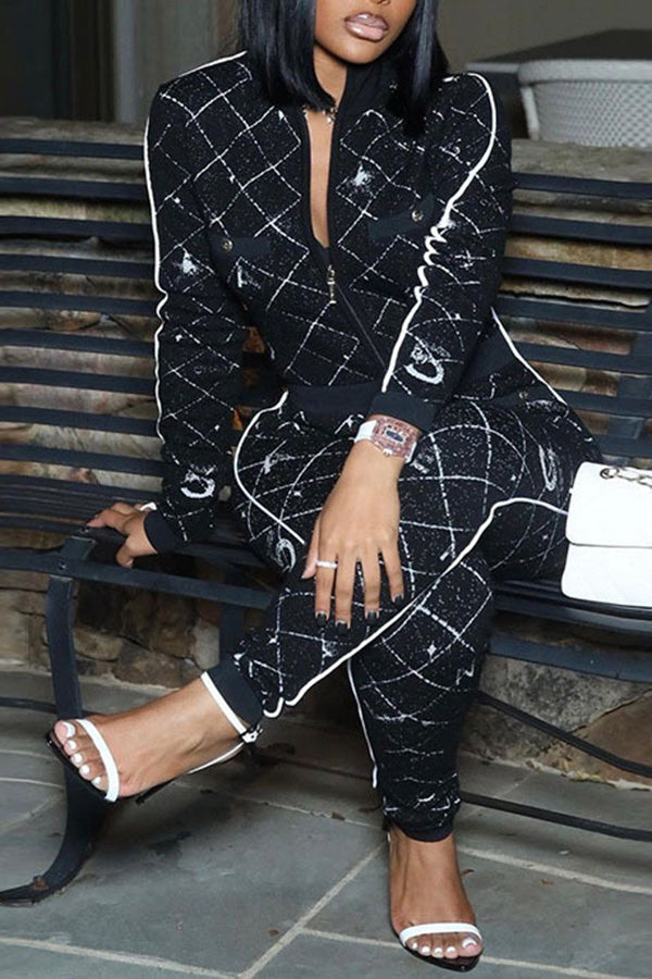 Printed Casual Zipper Slim Fit Two-Piece Set