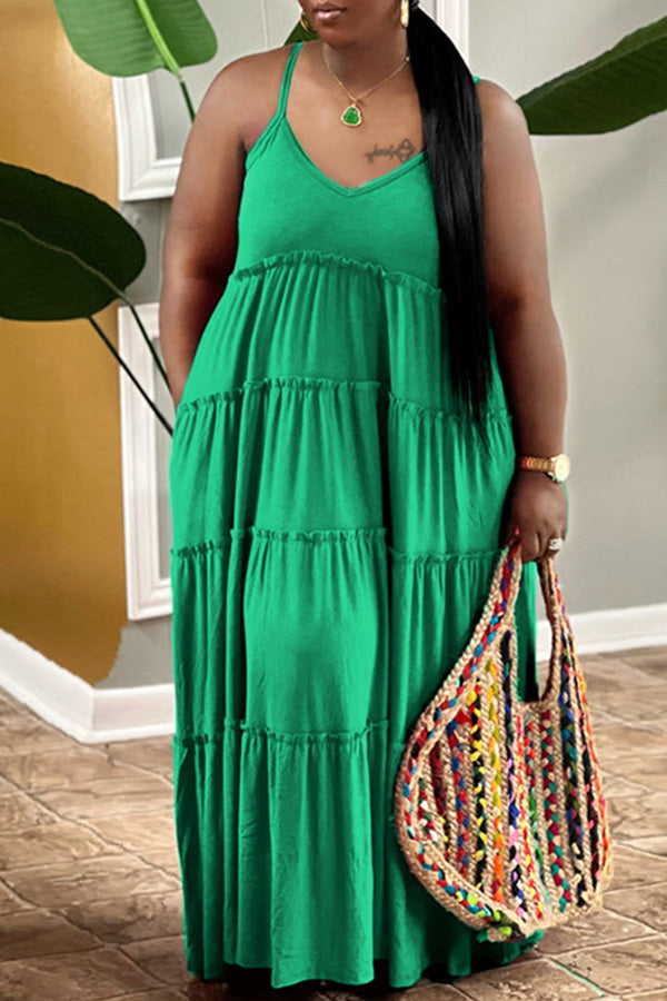 Plus Size Fashion Casual Solid Color Pleated Stitching Suspender Maxi Dress