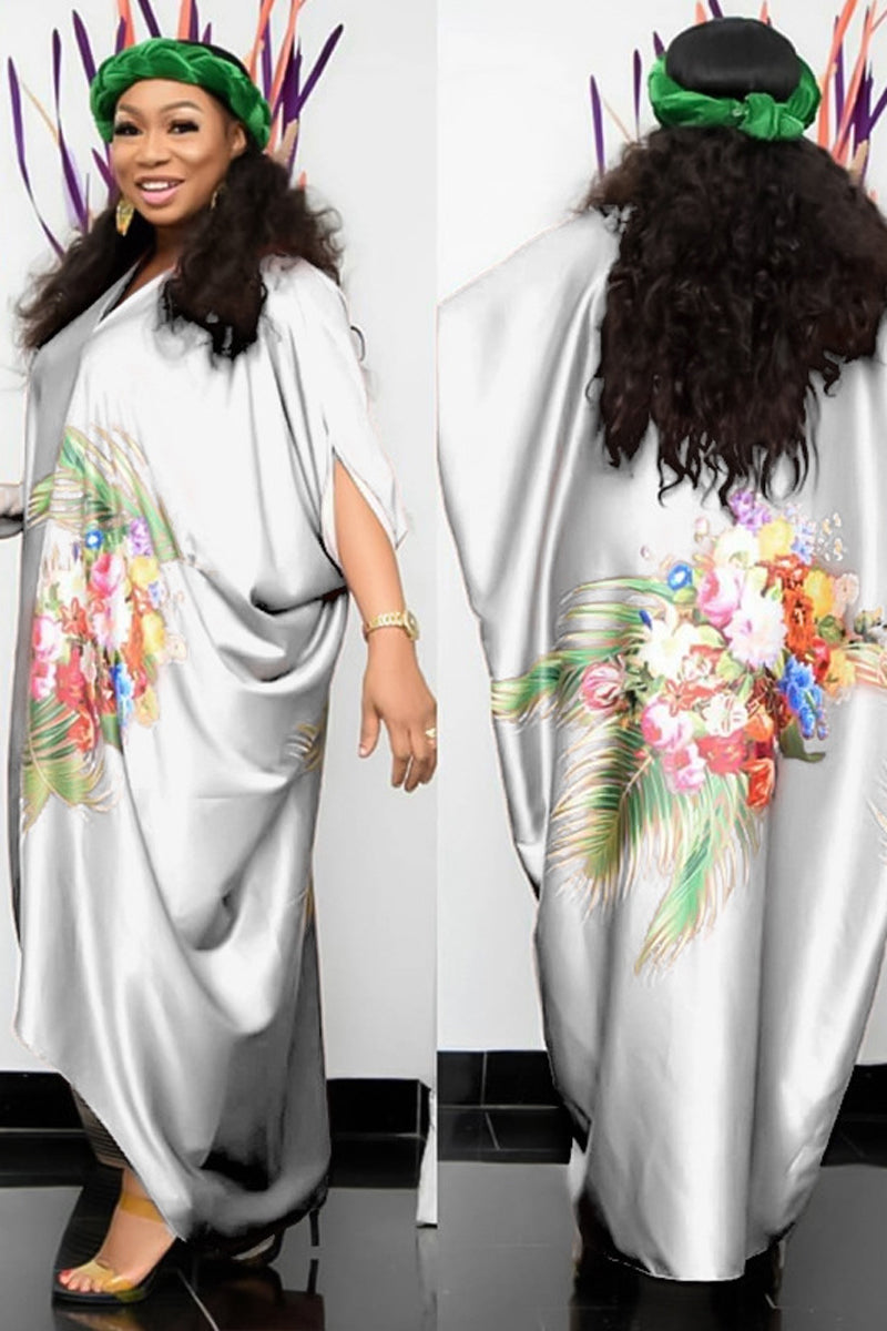 Plus Size Casual Floral Print Loose Bat Sleeve Maxi Dresses