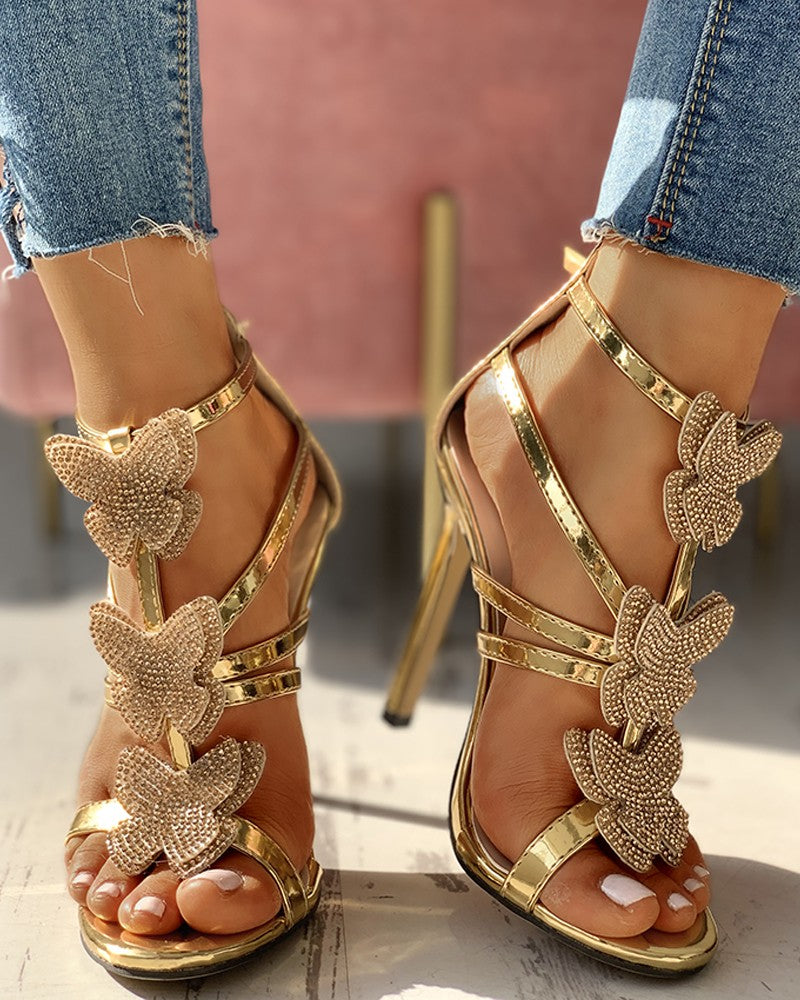 Butterfly Studded Strap Buckled Thin Heels