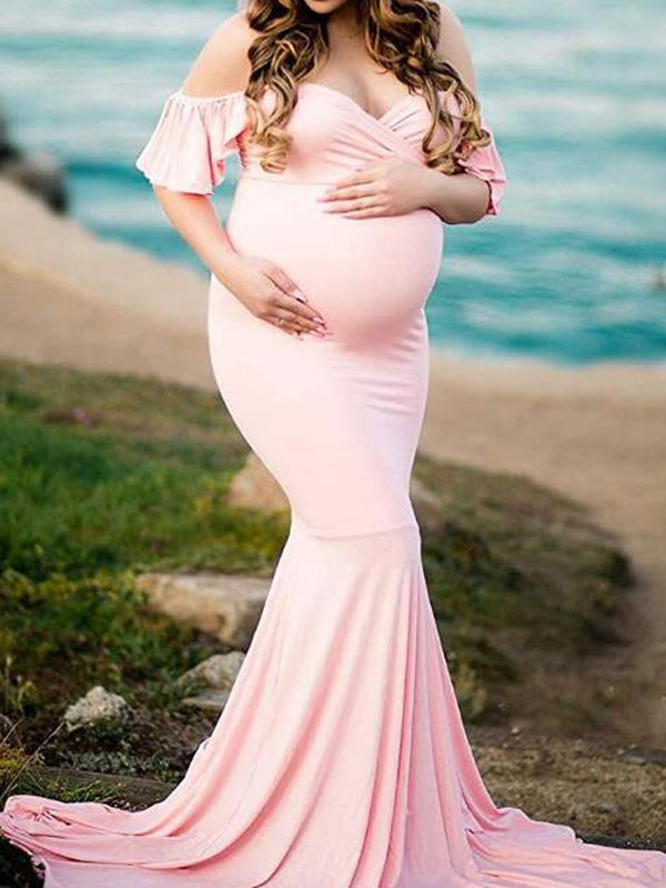 [Pre-Sale] Plus Size Solid Off The Shoulder Ruffle Maternity Trailing Maxi Dress